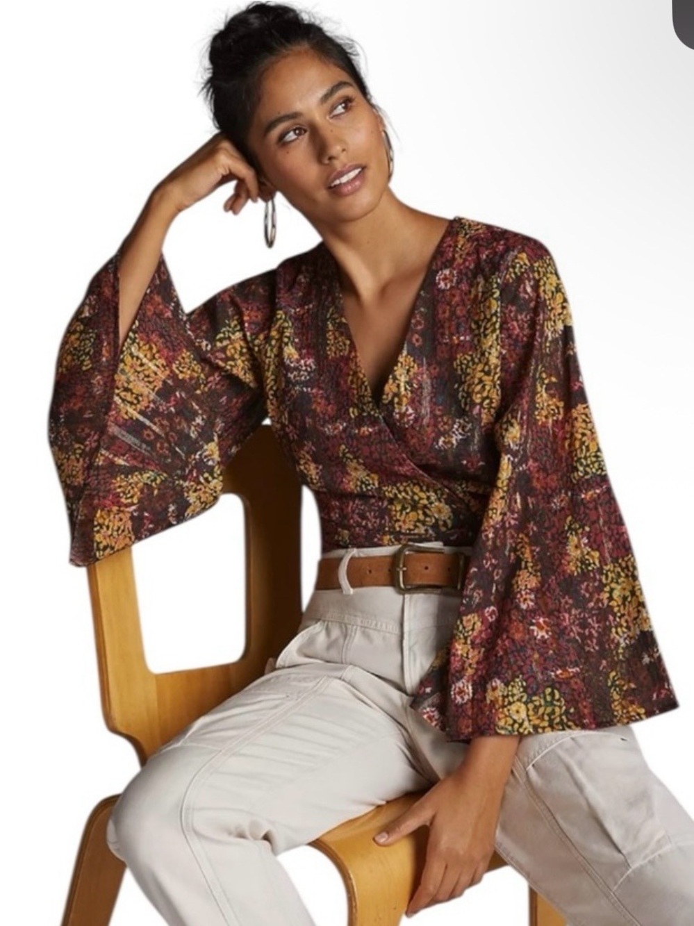 Anthropologie Roopa Pemmaraju Indian Floral Wrap Top Bell Sleeves cotton